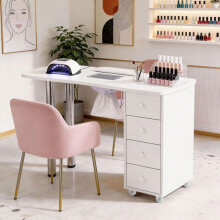 Professionele Manicure Tafel met Ingebouwde Afzuiger, 4 Lades - Handsteun - Wielen met Remmen (Wit)