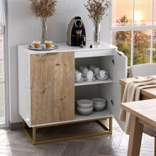 Buffet - Design moderne façade effet bois géométrique - 2 portes - Pieds métal doré - 80x40x80,8 cm