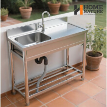 Unabhängiges Außenküchenspülbecken auf Füßen – 1 Becken aus Edelstahl – Becken links – Mit Wasserhahn und Regal – 100 x 50 x 90 cm