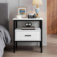 Nachtkastje - Witte Design 48x40x66,3 cm - 1 lade & open niche - Zwarte metalen structuur - Hedendaagse stijl
