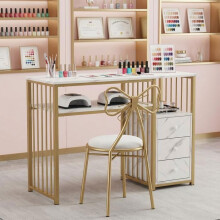 Professionele Manicure Tafel met 3 Lades, Wit Marmer Effect Blad, Gouden Metalen Structuur, 110 x 46 x 81,5 cm