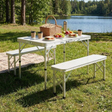 Klappbare Camping-Tisch - 90 x 60 cm - Leichtes Aluminium - Faltbar im Kofferformat - 1 Tisch + 2 Bänke