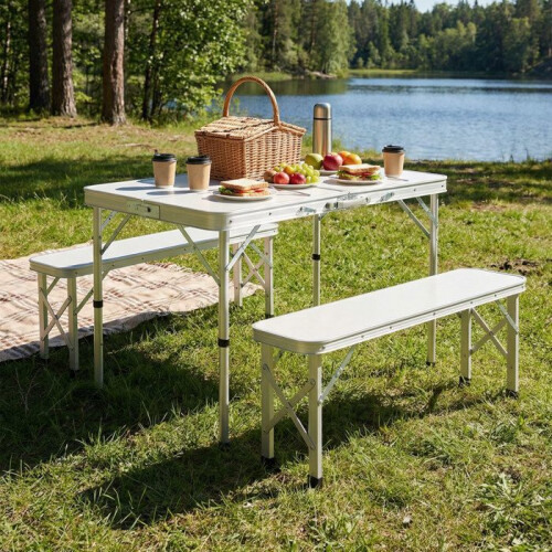 Table de camping pliante - 90 x 60 cm - Aluminium léger - Pliable format valise - 1 table + 2 bancs