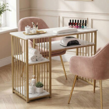 Professionele Manicure Tafel Nagelstudio, Bureau Nail Art met Opbergruimte, Witte Marmer Effect, Gouden Metaal, 110 x 46 x 81,5 cm
