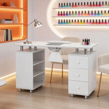 Manicure Tafel met Ingebouwde Afzuiger - 3 Lades - Zijkasten - Armsteun - Op Wielen met Rem (Wit)