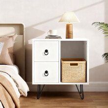 Nachtkastje - Scandinavisch ontwerp - 2 lades - Open niche - Zwarte metalen poten