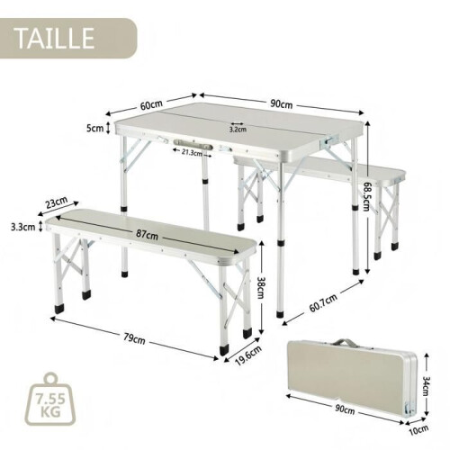 Table de camping pliante - 90 x 60 cm - Aluminium léger - Pliable format valise - 1 table + 2 bancs 1
