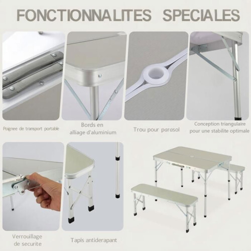 Table de camping pliante - 90 x 60 cm - Aluminium léger - Pliable format valise - 1 table + 2 bancs 2