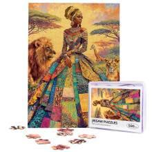 Puzzle Jigsaw 500 Pièces Afro-Femme Noire dans un Parc Animalier avec Girafe et Lion