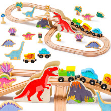 SainSmart Jr. Wooden Train Set Dinosaur Theme, Train Toys with 6 Kinds of Dinosaurs, Dinosaur Train Compatible with Brio, Thomas, Melissa & Doug - Per