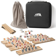 AEEMISEI Gioco Rummy per 6-8 Giocatori con 8 Supporti in Legno, 214 Carte Colorate, Scatola e Sacchetto in Velluto