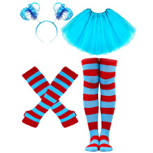 Dolkoic Blau Tutu Rock Damen Kostüm Set Mit Pom Pom Haarband Tüll Tutu Rock Gestreifte Socken Handschuhe Halloween 80er Cosplay