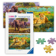 Ravensburger - Animali Africani - 2 x 1000 Pezzi Puzzle - #1 Elefanti sulla Pianura - #2 Famiglia di Leoni Maestosi