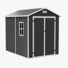 Garden Sanctuary 5.97x8.02ft Wood Grain Apex Plastic Tool Shed w/ Window, Black+White