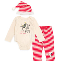 Ensemble 3 pièces Bébé Garçon Noël : Body, Pantalon et Chapeau de Père Noël - Crème Beige/Rouge 0-3 mois