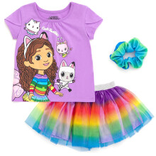 DREAMWORKS GABBY'S DOLLHOUSE Little Girls T-Shirt Tulle Mesh Skirt and Scrunchie 3 Piece Outfit Set Purple/Rainbow 6