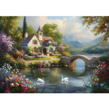Puzzle Jigsaw 500 Pièces pour Adultes, Puzzle Printemps Cottage et Pont, Décor Maison Cadeau Anniversaire