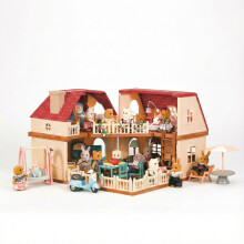 OLEOCA Casa delle Bambole Familiare - Cabin in Legno a 2 Piani con Mobili e Coniglio, Set Completo per Gioco Creativo