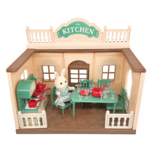 OLEOCA Maison de Poupée Cuisine Familiale - Cabane Douillette avec Figurine Lapin, Ensemble de Repas & Ustensiles