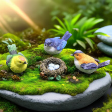 XRI XURUOYI Set de 4 Piezas Miniatura de Pájaro y Nido: 3 Pájaros de Resina Coloridos y Nido con Huevos