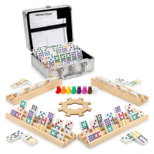 Set di Domino Messicano Playbees con 4 Vassoi in Legno - 91 Domino Colorati Doppio 12, Custodia in Alluminio, 9 Segnalini