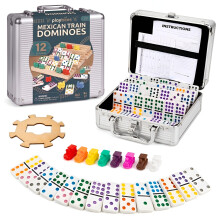 Playbees Set de Dominos Mexicains Double 12 - 91 Tuiles à Points, 9 Marqueurs de Train, Hub, Carnets de Score & Étui en Aluminium