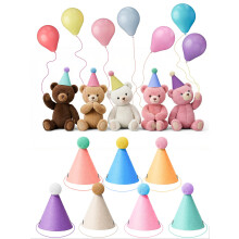 Fiestivo 7pcs Mini Party Hats for Stuffed Animals with balloons, Felt Cloth Adjustable Mini Birthday Hats for Dolls Dog Cat Rabbit Puppies Assorted An