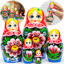 AEVVV Traditionele Russische Nesting Dolls Set 5 stuks - Handgemaakte Babushka Poppen met Bloemen