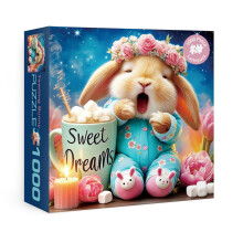 Larkipuzz Lustige Gähnende Hase Sternennacht Puzzles für Erwachsene 1000 Teile, Süßer Kaninchen Blumen Puzzle