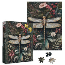 Larkipuzz Vintage Libelle Blumenpuzzle für Erwachsene 1000 Teile, Schönes Pflanzen-Wildblumen-Puzzle, Herausforderndes Retro Kunstpuzzle