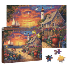 Larkipuzz Strand Zonsondergang Puzzels voor Volwassenen 1000 Stukken, Mooi Landschap Bloemenhuis Zee Jigsaw