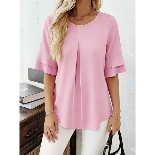 Blusas Básicas Plissadas de Manga Curta Soltas com Decote Redondo para Mulheres Rosa M