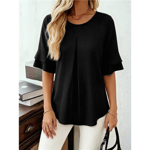 Blusas Básicas Plissadas de Manga Curta Soltas com Decote Redondo para Mulheres Preto M 2