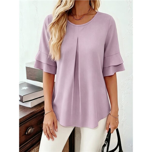 Blusas Básicas Plissadas de Manga Curta Soltas com Decote Redondo para Mulheres Roxo Claro S 2