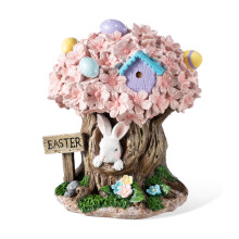 Glitzhome Easter Decorations Bunny Figurine, Resin Rabbit & Pink Blossoms Tabletop Centerpiece for Spring Home Indoor Outdoor Decor