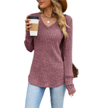 Camisa de Manga Larga con Cuello en V para Mujer, Tops de Manga Larga con Puños, Túnica Elegante con Dobladillo Curvo, Suéter Casual Rojo Rosa L