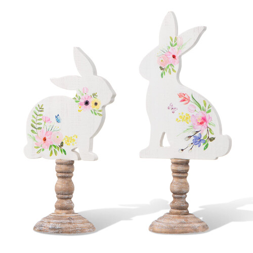 Glitzhome Glitzhome Ensemble de 2 Panneaux de Pâques Peints à la Main Décor de Table Lapin en Bois