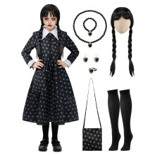 Costume da Halloween per ragazze, abito nero a fiori con parrucca e calzini