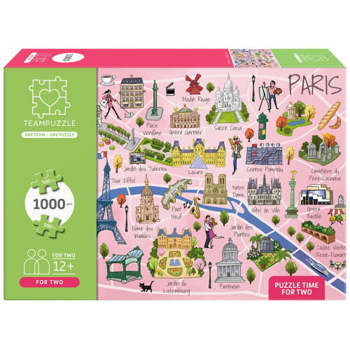 TEAMPUZZLE: Paris - 1.000 Teile Puzzle, 2 Teile, Illustrierte Stadtkarte, 27 x 19, QR-Code Extras, 12+