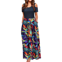 Damen Maxi Sommerkleid Elegant Luftig Taschen Gemustert M — schulterfreies strandkleid, blaues abendkleid lang