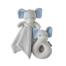 Butterblu Snuggle + Shake - Baby Lovey Veiligheidsdeken en Rammelaar Set Eli De Grijze Olifant