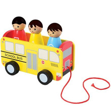 Constructive Playthings 7.8" x 4" x 6" Wooden Pull Along School Bus with 3 Shape Matching Riders for Ages 2 Years and Up