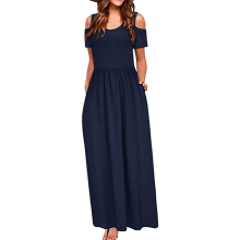 Damen Maxi Sommerkleid Luftig Casual Taschen Dunkelblau XXL — strandkleid damen, schulterfrei kleid, jersey kleid lang
