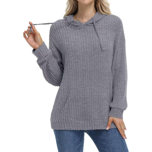 Damen Kapuzenpullover Locker Gestreift Langarm Grau Größe XL — hoodie damen oversized, gestreifter pullover damen 1