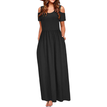 Damen Maxi-Kleid Sommer Luftig Casual Taschen Schwarz XXL — strandkleid damen, schulterfreies kleid