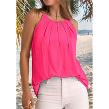 Top da Donna A Pieghe, Canotta con Spalline Sottili, Top All'Americana, Orlo Curvo, Moda 2025, Rosa Rosso, Taglia S