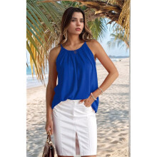 Canottiera A Pieghe da Donna, con Spalline Sottili, con Orlo Curvo, Moda 2025 Blu XL