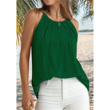 Top da Donna A Pieghe, Canotta con Spalline Sottili, Top All'Americana, Orlo Curvo, Moda 2025 Verde M