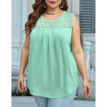 Canotte Estive da Donna, Ampie, Plissettate, Scollo A Barchetta, Senza Maniche, In Pizzo, Orlo Curvo, Fluide Lago Verde XL