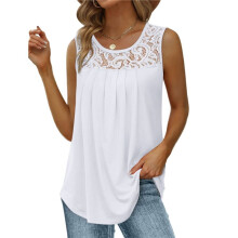 Canotte Estive da Donna, Ampie, Plissettate, Scollo A Barchetta, Senza Maniche, In Pizzo, Orlo Curvo, Fluide Bianco XL